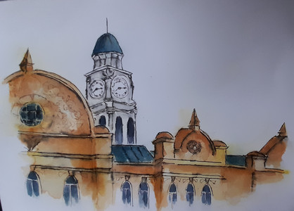 Chrissy F, town hall clock tower, watercolour & pen & ink.jpg